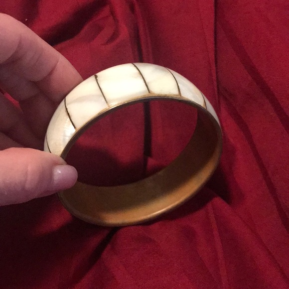 mother of pearl & brass bangle bracelet wide ethnic artisan handmade Vintage - Picture 6 of 7